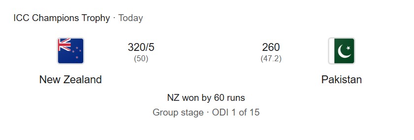 Newzealand won first match against Pakistan 